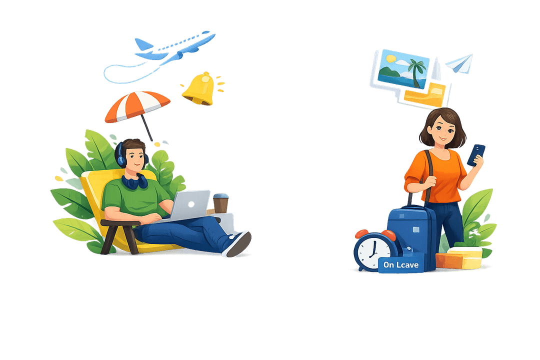 Decoratieve illustratie van twee personen: één werkt rustig met een laptop, de ander staat klaar om op reis te gaan met een koffer.